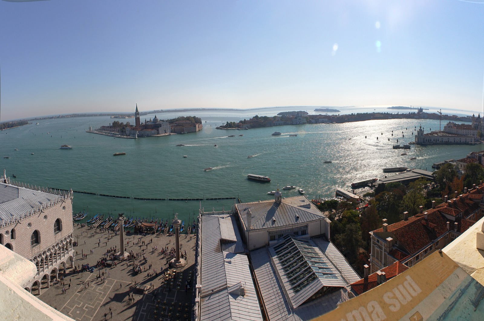 Panoramic view over the rooftops of Venice and the Bacino di San Marco from the Campanile